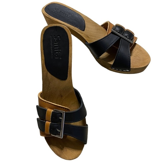 Sanita Leather Double Buckle Wooden Heeled Danish Sandals - UK Sz 37 / US 6 - Picture 1 of 12